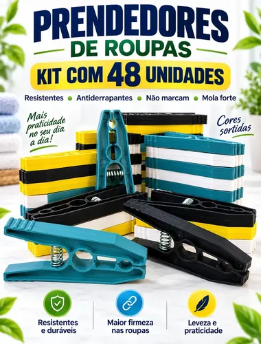 Kit 48 Prendedores de Roupa Plástico Reforçado para Varal Gr