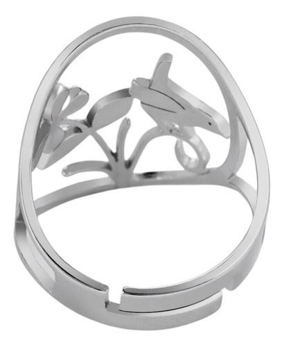 Imagen 8 de 8 de Anillo Pajaro Flor Mujer Ajustable Acero Plata Minimalista