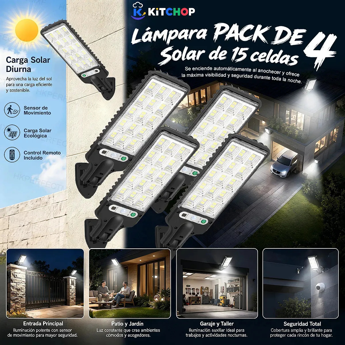 Pack 4 reflectores solares LED Kitchop, 60 LEDs, sensor de movimiento, IP68, control remoto, 3 modos, para exteriores, jardín y patio.