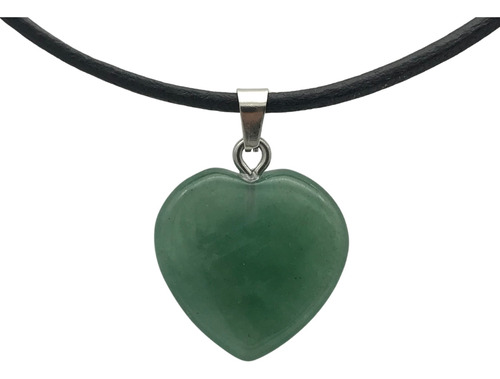 Dije Corazón Mediano Cuarzo, Piedra Natural + Collar Cuero Color Verde Musgo