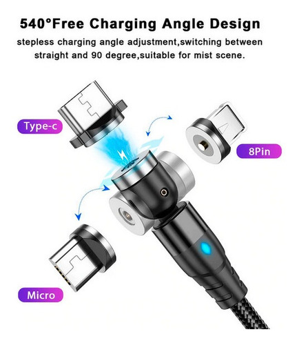 Imagen 3 de 5 de Cable De Carga Magnético 540° 2 Metros Tipo C Micro Usb
