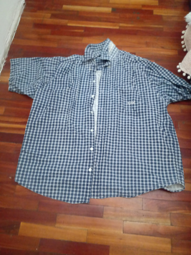 Camisa Manga Corta Hombre T L Detalle Cuello Cuadros Azul