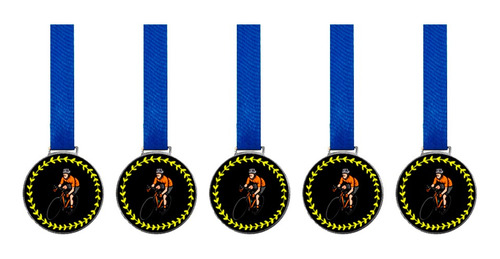 Kit C/5 Medalhas De Ciclismo C/fita Azul 43mm Personalizada