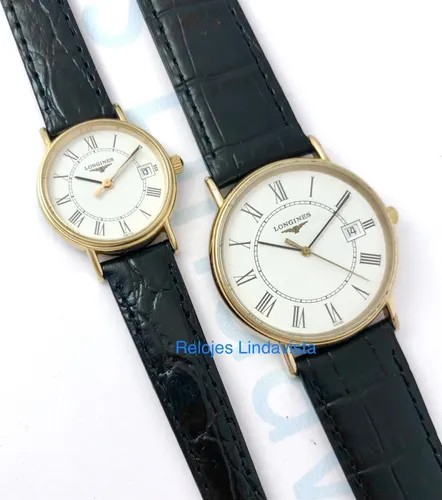 Reloj Longines Presence Juego Pareja Dorados Piel Negra