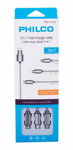 Cable De Carga 3 En 1 Micro, Usb C Y Lightning Philco