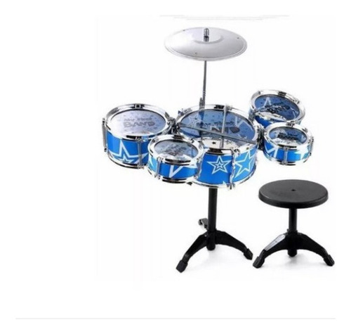 Mini Bateria Musical Infantil 5 Tambores Com Banco Jazz Drum Cor Azul