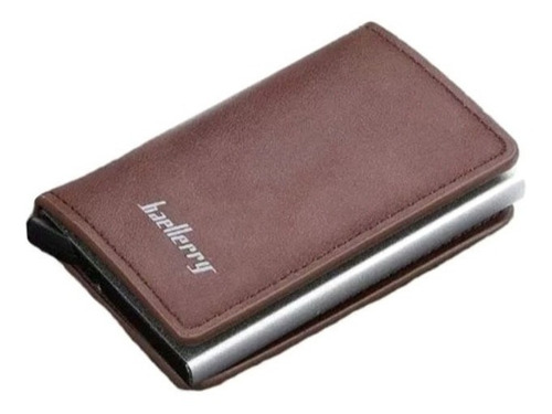 Tarjetero Protector De Tarjetas Metálico Cubierto De Piel Color Marrón Oscuro