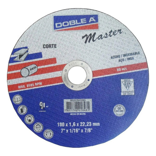 Disco De Corte Recto Master Acero 180x1,6 Doble A Mm