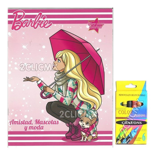 20 Libros Colorear 16 Pag  + 20 Crayolas 6 Pz Mattel Barbie