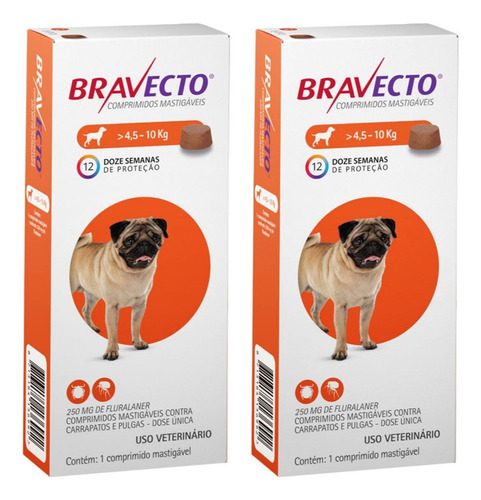 Combo 2 Comprimidos Bravecto 4 10kg 250mg Anticarrapato Cães