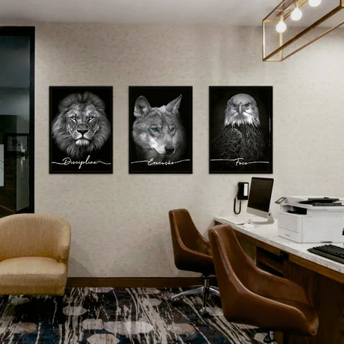 Marco decorativo Frases Lion Discipline Execution Focus, 60 colores, marco negro, color negro