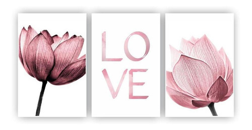 Kit Placas Quadros Sala 3 Pçs 20x30 Floral Flor Love Rosa