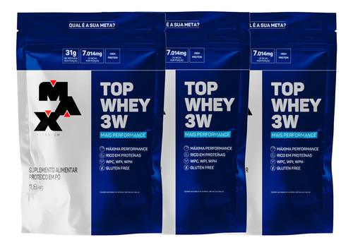 Combo 3x Top Whey 3w 1,8kg ( 1800g ) - Kit Max Titanium Sabor Morango