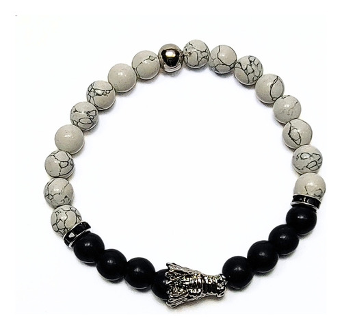 Pulsera De Hombre Dije Dragón + Howlita Blanca Y Onix Negro