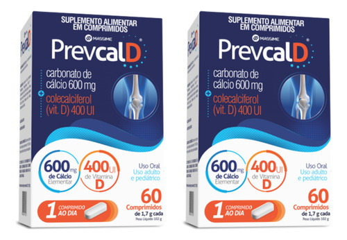 Kit x2 Prevcal D Massime 600mg Calcio 400ui Vit D com 60 Cpr Sem Sabor