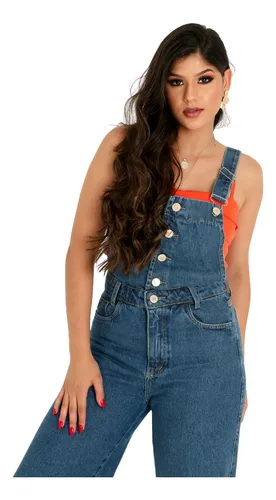 Macac o Jeans Feminino Wide Leg Liso Barra Desfiada Parcelamento