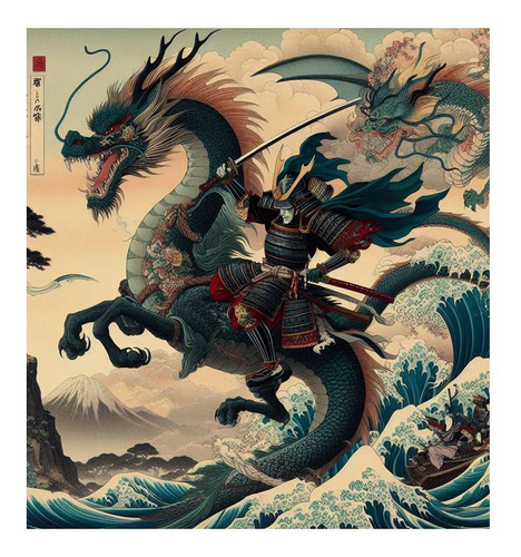 Vinilo 60x60cm Samurai Dragon Caballo En Gran Ola Arte