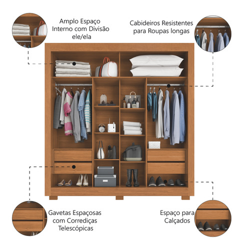 Guarda Roupas Casal com Espelho 2 Portas de Correr 4 Gavetas Titanium Cinamomo Zanzini