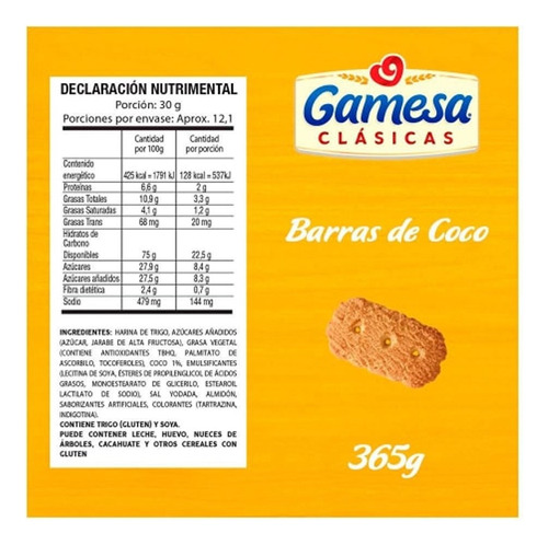 Galletas Gamesa Barras De Coco 365 Gr Pack De 6 Pzas