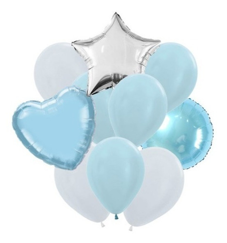 Set 10 Globos Celeste Plata 3 Metalizado 7 Latex Apto Helio