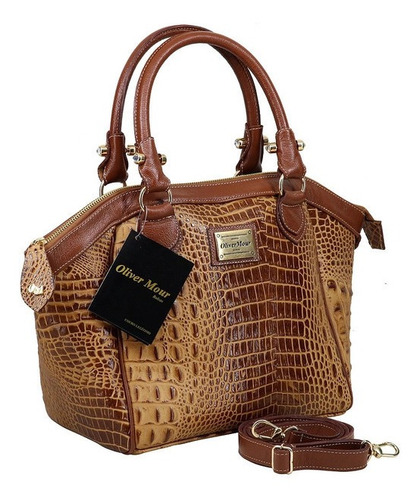 Bolsa tote Oliver Mour 1008 design croco de couro de crocodilo  caramelo com alça de ombro caramelo alças de cor caramelo