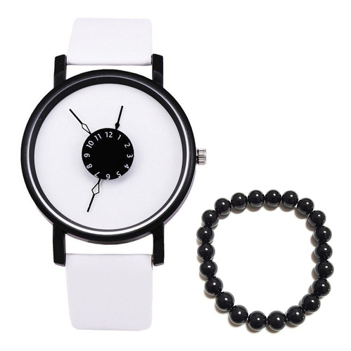 Reloj Deportivo Minimalista Acero Y Piel Negro Y Blanco