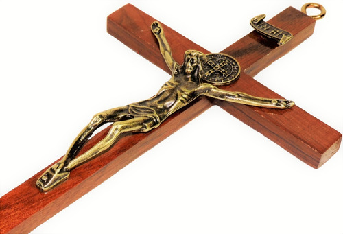 Cruz Crucifixo Parede Madeira Nobre Medalha São Bento 20,5cm