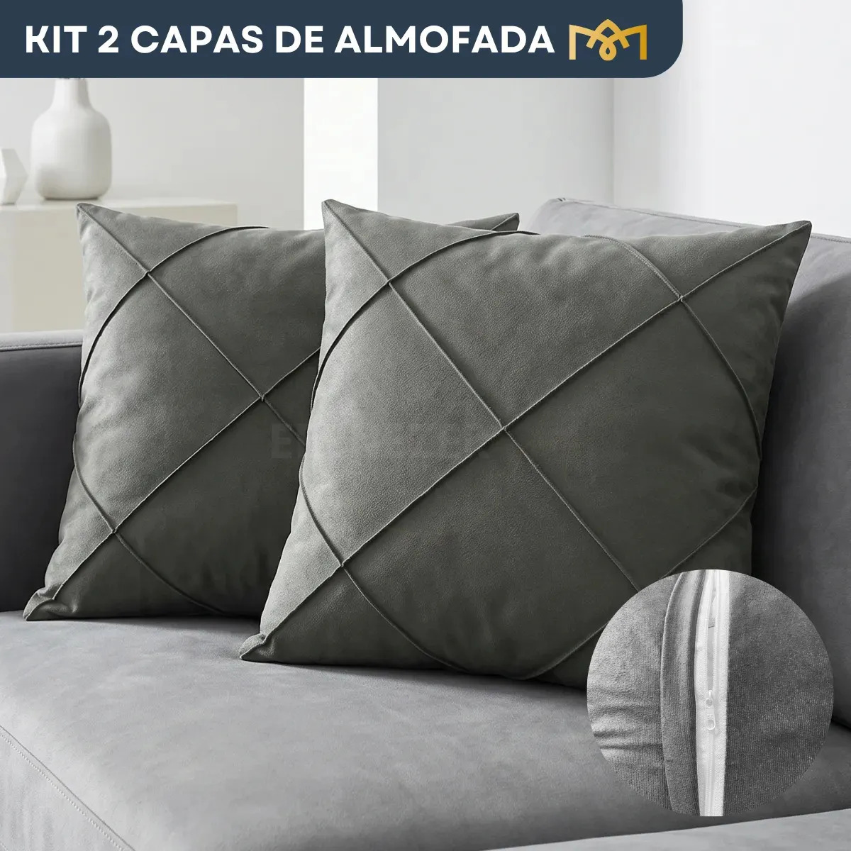 Kit 2 Capas de Almofada Suede Aveludada Chumbo 40x40 com Zíper