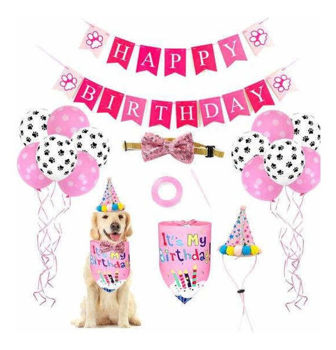 Kit Con 17 Piezas Rosa Para Perro Para Su Cumpleaños