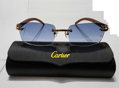 Lentes De Sol Cartier Gold De Madera Con Mica Azul