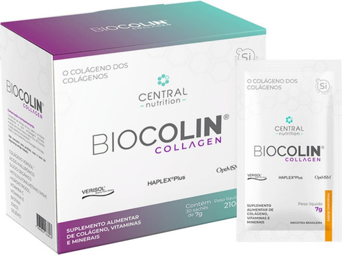 Biocolin Collagen Central Nutrition Colágeno Verisol + Msm Sabor Tangerina 30 Sachês