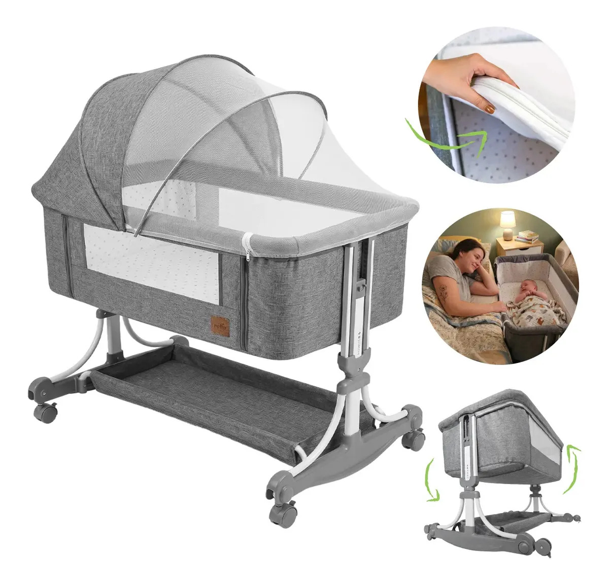 Berço Portátil PipDip Cinza Co-Sleeper com Balanço, Colchão e Mosquiteiro