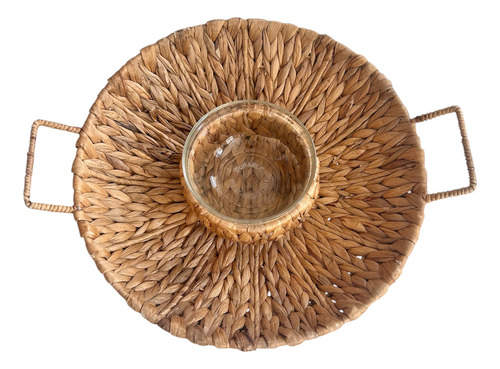 Botanero Grande Artesanal Redondo Con Bol De Cristal Marrón