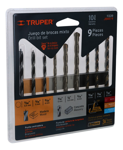 Kit 9 Mechas Truper Brocas Metal Madera Concreto Profesional