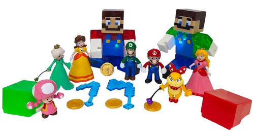 Super Mario Bros Y Luigui En Minecraft Con Luz Y Accesorios 
