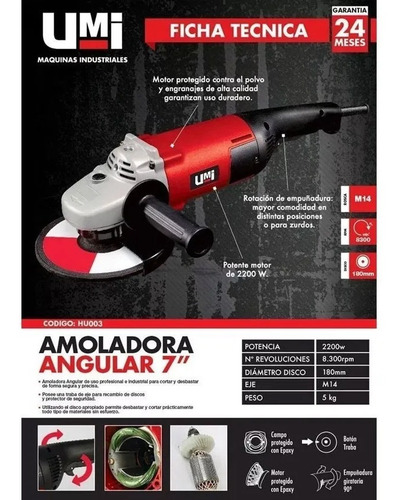 Imagen 2 de 6 de Amoladora Angular 180mm / 7 Profesional Umi 2200w