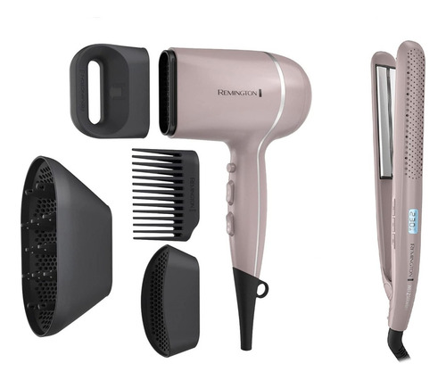 Combo Secadora + Alaciador C/ Ceramica Remington Wet 2 Style Color Rosa