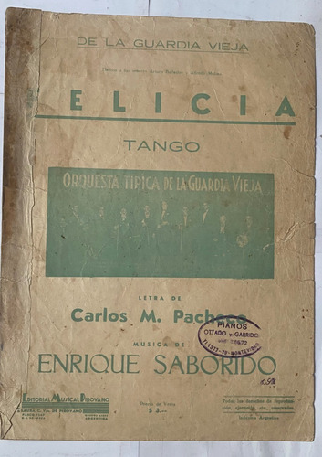 Antigua Partitura Tango Felicia De Pacheco Y Saborido  Mv