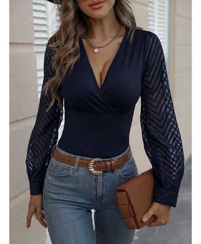 Camiseta De Manga Larga Con Cuello En V Para Mujer