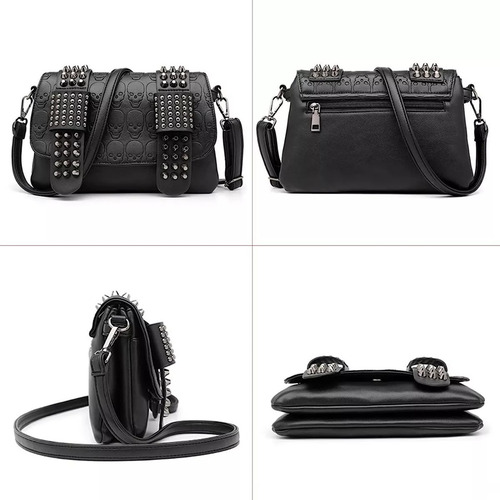 Bolso Bandolera Con Remaches De Calavera Punk, Mujer, Cadena Color Negro