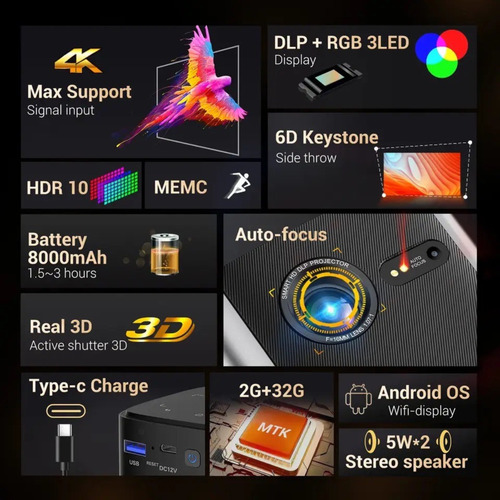 Projetor Byintek P70 3d Smart Android Bateria Wifi Mini 4k