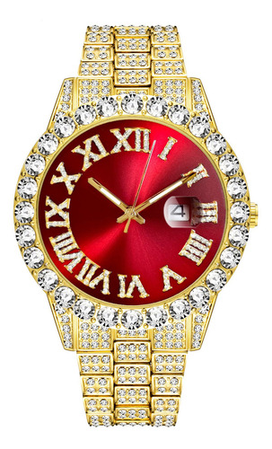 Reloj Moderno Para Hombre Impermeable Con Diamantes Color De La Correa Golden Red