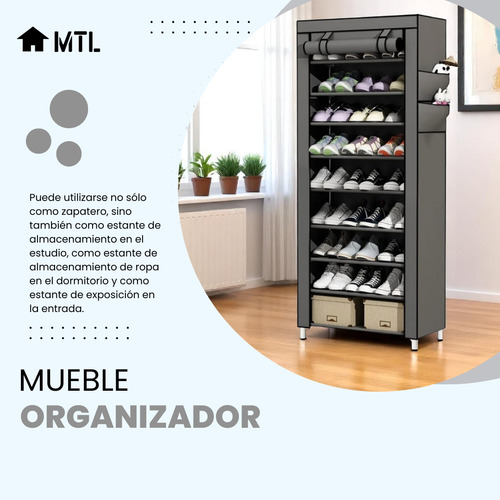 Zapatero Organizador Mtl Portatil Plegable 9 Estantes Color Gris Multiuso