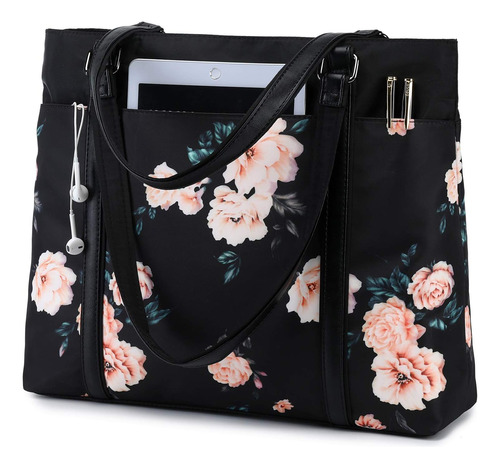 Cartera Impermeable Negra Flores Para Laptop Hasta 15.6