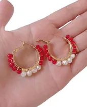 Comprar Aros Argolla Con Piedras Rojas Y Perlas De Río Baño Oro