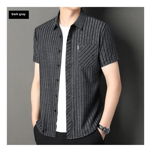 Camisa De Manga Corta Con Botones A Rayas Para Hombre