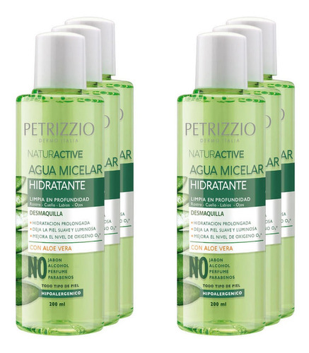 Pack 6 Aguas Micelares Aloe Vera Hidratante 200 Ml Petrizzio