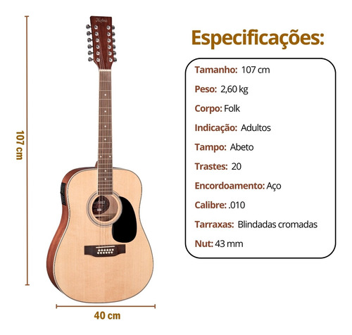 Violão 12 Cordas Elétrico Hofma He215e Aço Com Afinador