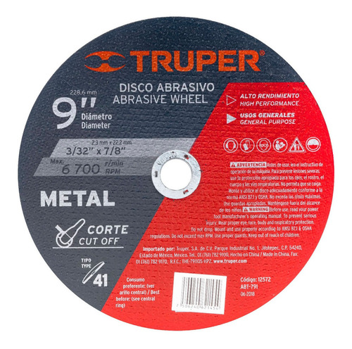 Disco 9'' Corte Metal 2.3mm Tipo 41 Esmeril Truper 12572 