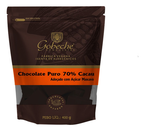 Tablete Chocolate 70%cacau Sem Leite/com Açúcar Mascavo 400g